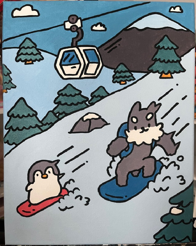 Schnauzer & Penguin Snow Adventure 1  Acrylic Painting